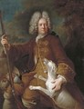 Portrait of a huntsman, seated, three-quarter-length, holding a rifle, in a landscape with his dog - Alexandre-Francois Desportes