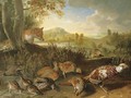 English and French partridge, a covey of quail and an ornamental pheasant disturbed by a fox, on a riverbank - Alexandre-Francois Desportes