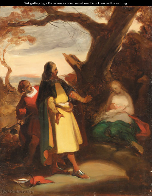 An elegant traveller discovering a woman and child in a landscape--a sketch - Alexandre Evariste Fragonard