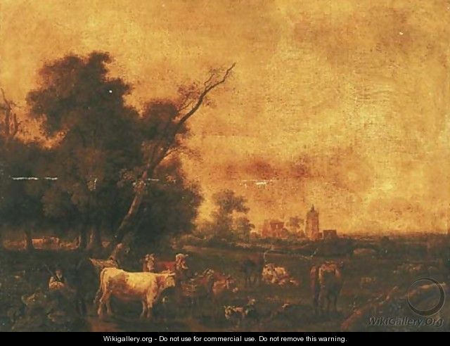 An Italianate landscape with peasants and their herds in a landscape, a town beyond - Pierre Alexandre Pau de Saint-Martin