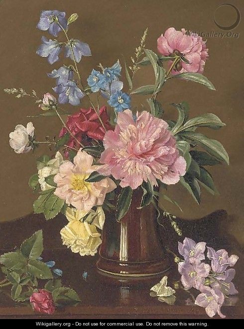 Roses and other summer flowers in a vase on a sideboard - Alfred Walter Williams