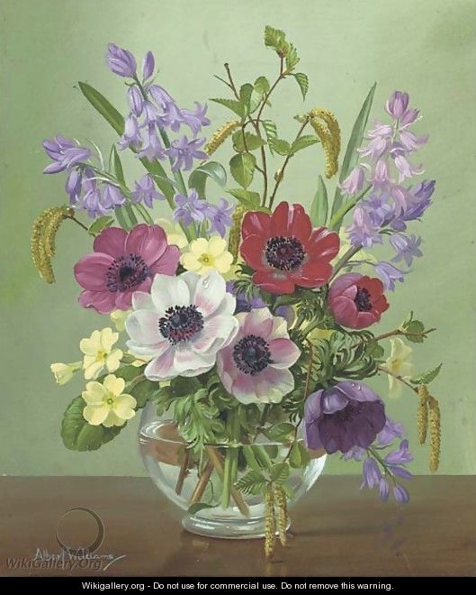 Anenomes, bluebells, primroses and catkins in a glass bowl - Alfred Walter Williams