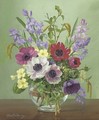Anenomes, bluebells, primroses and catkins in a glass bowl - Alfred Walter Williams