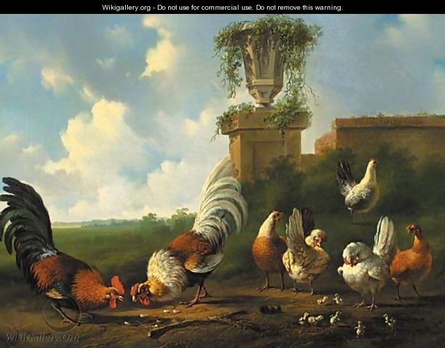 Poultry in a summer landscape by a ruined wall - Albertus Verhoesen