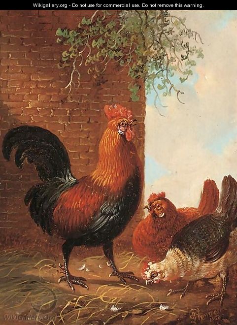 Poultry feeding by a wall - Albertus Verhoesen