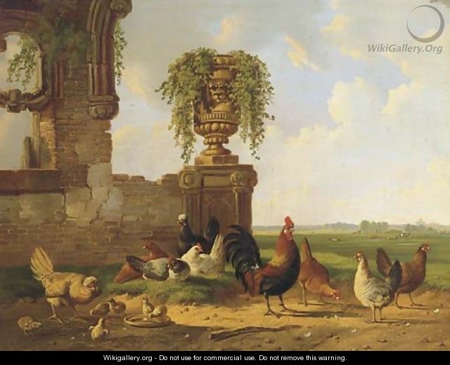 Poultry by a ruin, an extensive landscape beyond - Albertus Verhoesen