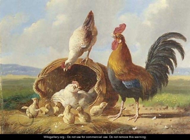 A rooster, chickens and chicks in a landscape - Albertus Verhoesen