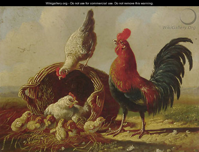 A chicken family by a wicker basket - Albertus Verhoesen