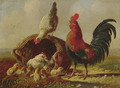 A chicken family by a wicker basket - Albertus Verhoesen