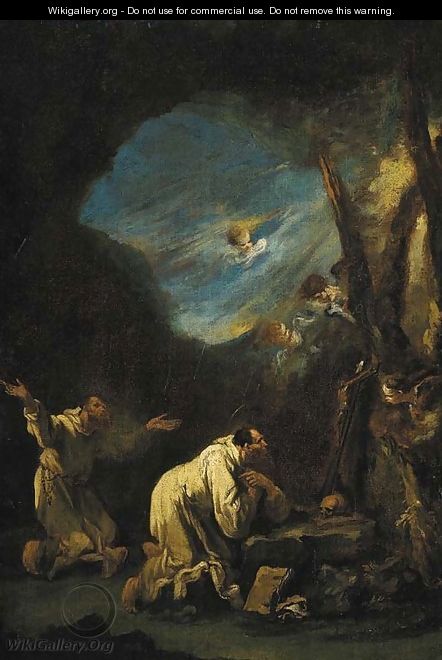 A stormy landscape with Carthusian monks praying at a shrine, angels in the sky beyond - Alessandro Magnasco