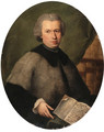Portrait of Monsignor Francesco Dall'Acqua, half length, wearing a grey cloak and holding a copy of his book, in a library - Alessandro Longhi