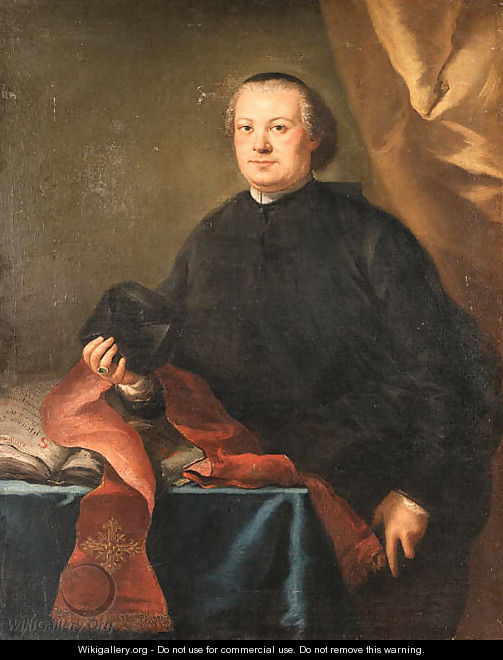 Portrait of a Prelate, three-quarter length, in a black cassock, holding a biretta, by a table in a draped interior - Alessandro Longhi