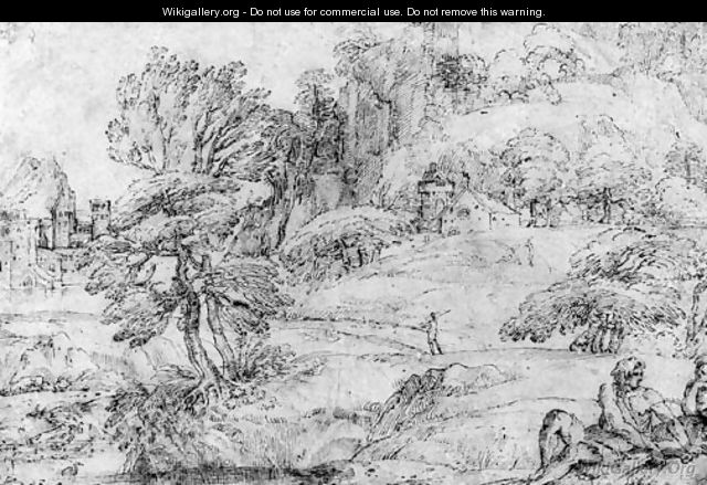 An extensive mountainous Landscape with two Figures in the Foreground and a Castle by a River - Agostino Carracci