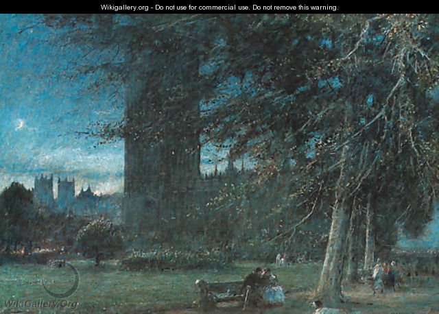 Figures seated on a bench, before the Houses of Parliament - Albert Goodwin