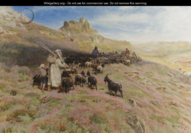 A shepherd with a flock of goats on a mountainside - Albert Goodwin
