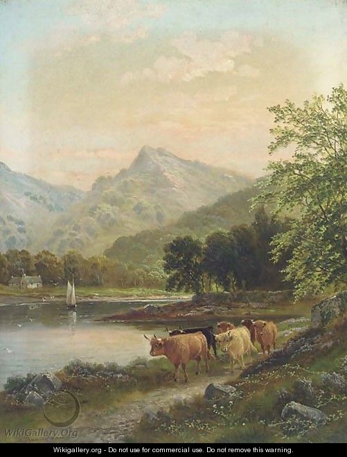 Highland cattle by a river - Albert Dunnington
