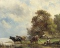 Cattle watering at a riverbank, a drover looking on; and Another similar - Albert Jurardus Van Prooyen