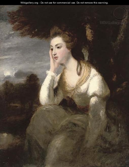 Portrait of the Hon. Mrs Stanhope, seated three-quarter-length, in a white dress, an extensive moonlit landscape beyond - (after) Sir Joshua Reynolds