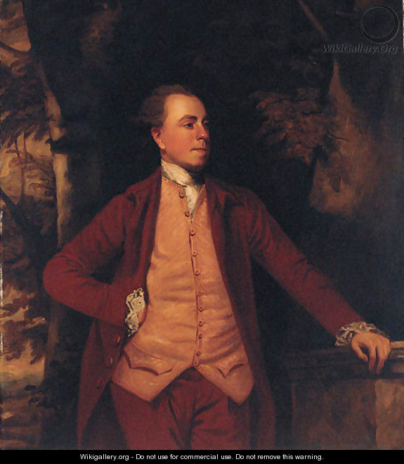Portrait of Richard Crofts, three-quarter-length, in a dark red coat and breeches, and striped waistcoat, his left hand resting on a plinth - (after) Sir Joshua Reynolds