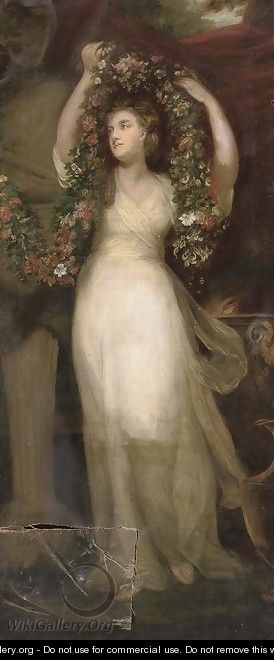 Portait of a Montgomery sister, full-length, in a white dress, holding a garland of flowers - (after) Sir Joshua Reynolds