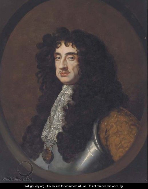 Portrait of King Charles II, bust-length, in a breast plate and lace cravat, feigned oval - (after) Sir Peter Lely