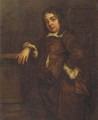 Portrait of a boy, small standing full-length, in a brown silk costume, his right arm resting on a baluster by a column, a garden beyond - (after) Sir Peter Lely