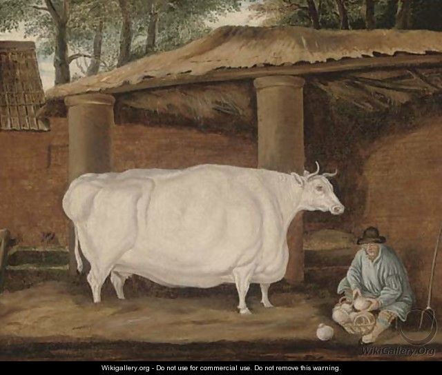 A cow and a farmer by a barn - (after) Thomas Weaver
