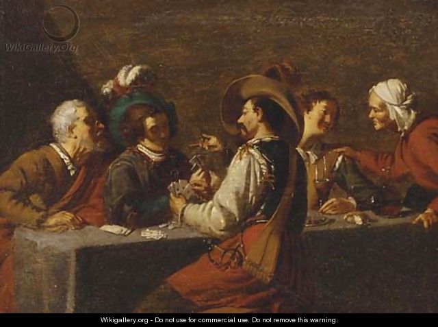 A soldier and others playing cards and drinking in a tavern interior - (after) Theodoor Rombouts