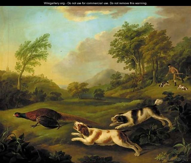 A huntsman with spaniels chasing a pheasant - (after) Stephen Elmer