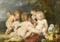 The Infant Christ and the Infant Saint John the Baptist seated in a landscape attended by Angels - (after) Sir Peter Paul Rubens