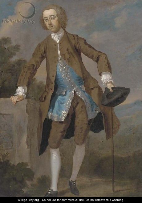 Portrait of Gustavus Hamilton (1710-1746), 2nd Viscount Boyne, small full-length, in a brown frock coat and blue waistcoat - (after) William Hogarth