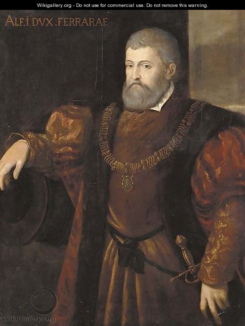 Portrait of Alfonso I, Duca di Ferrara, half-length, wearing a fur trimmed coat, his right arm resting on a cannon barrel - Tiziano Vecellio (Titian)