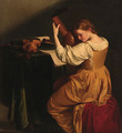 A woman tuning a lute, seated at a draped table with open manuscripts, a violin and wind instruments - (after) Orazio Gentileschi