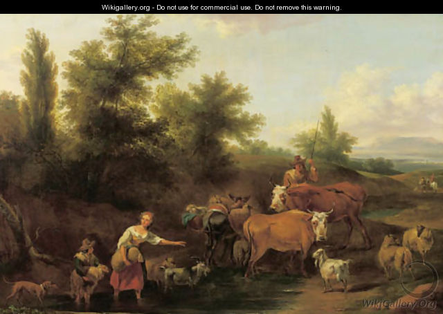 Travellers and shepherds in a wooded Italianate valley - Nicolaes Berchem