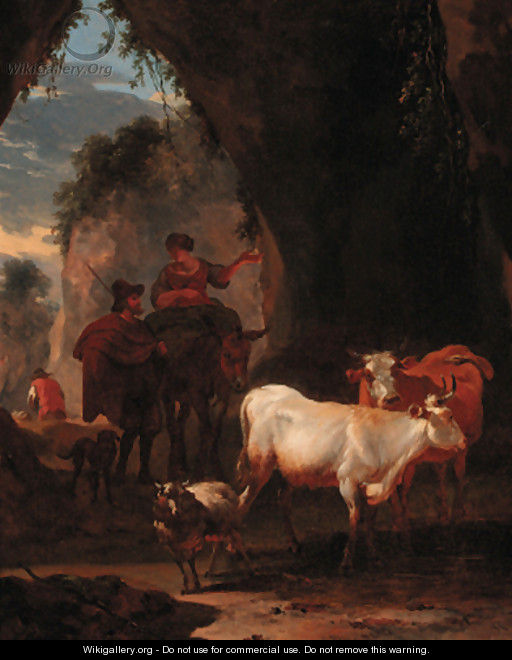 Peasants with cattle on a rocky pass - (after) Nicolaes Berchem