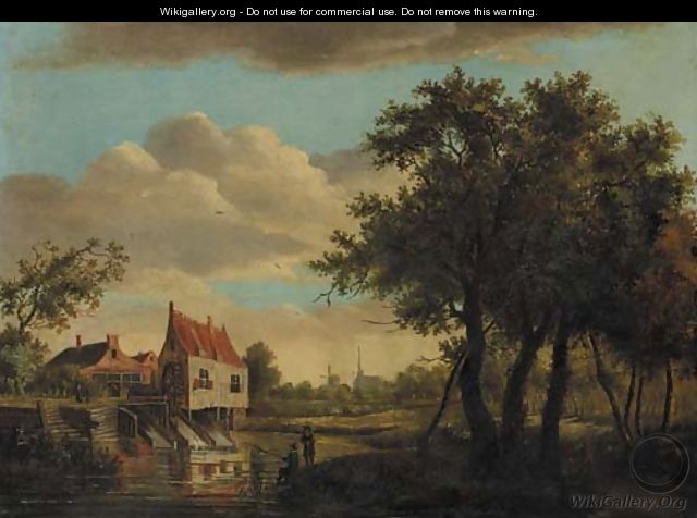 Anglers seated on a river bank by a watermill, a church in the distance - (after) Meindert Hobbema