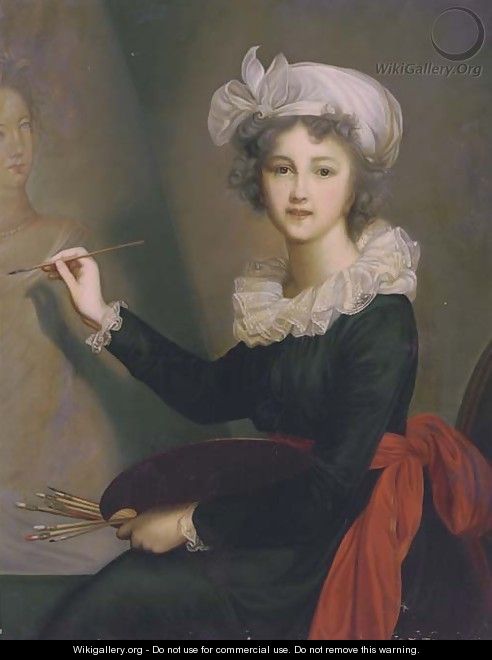 Portrait of the artist, three-quarter-length, in a blue dress with a red sash at her waist, a white lace collar and cap - Elisabeth Vigee-Lebrun