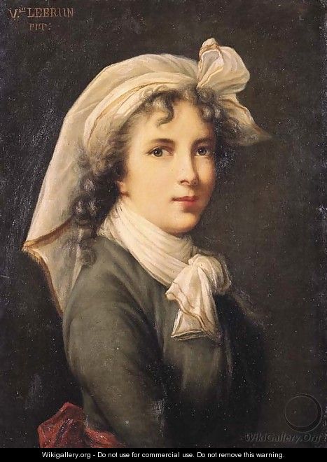 Portrait of the artist, small half length, wearing a green costume with red belt, white scarf and white headdress - Elisabeth Vigee-Lebrun