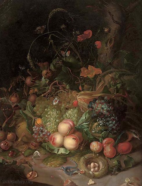 Apples, pears, grapes, corn, pomegranates, a birds nest with eggs, butterflies, a lizard and other insects in a wooded clearing - (after) Rachel Ruysch