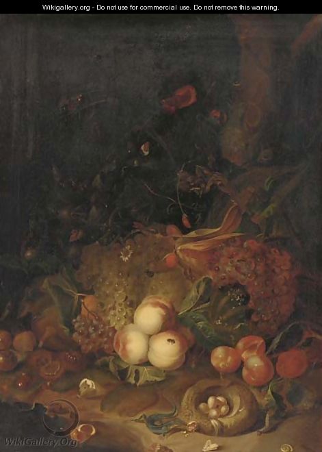 Apples, pears, grapes, corn, pomegranates, a birds nest with eggs with butterflies, a lizard and other insects in a wooded clearing - (after) Rachel Ruysch