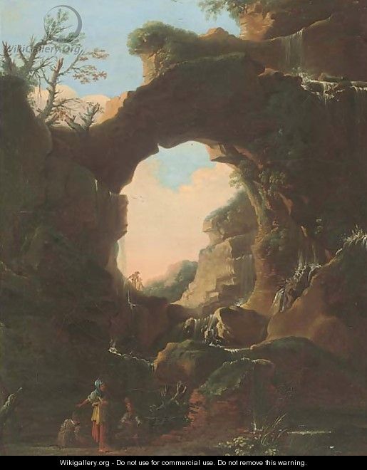 A grotto with a waterfall, figures conversing in the foreground - Salvator Rosa