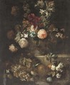 Roses, narcissi, morning glory and other flowers in a vase on a ledge with grapes, plums and oranges beneath - (after) Franz Werner Von Tamm