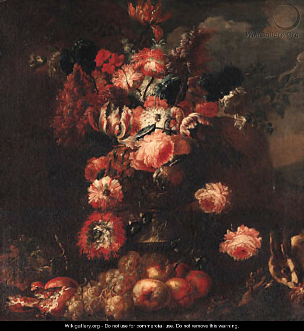 Parrot tulips, roses, carnations, pansies and other flowers in a vase - (after) Frans Werner Von Tamm