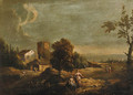 A landscape with peasants by a ruined tower - (after) Frans De Paula Ferg