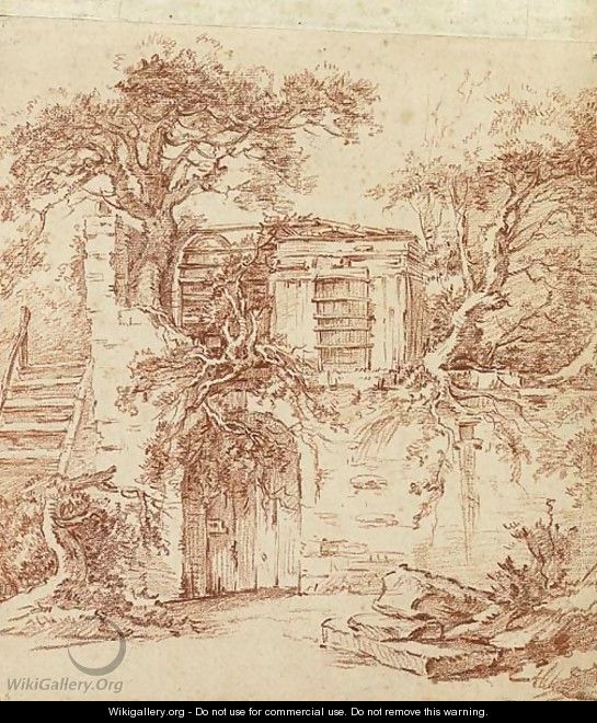 A garden shed built in the ruins of an old cottage overgrown with trees - (after) Francois Boucher