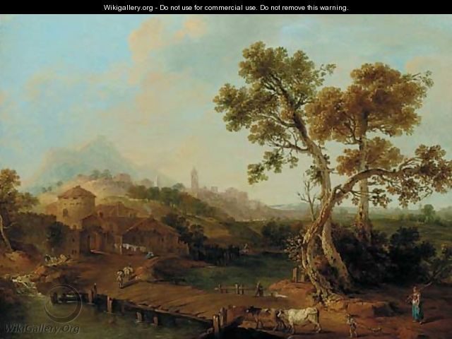A river landscape with a shepherdess, a city beyond - (after) Francesco Zuccarelli