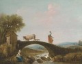 A river landscape with a girl walking over a bridge, anglers beneath - (after) Francesco Zuccarelli