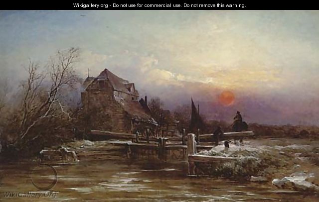 A lock in winter, sunset - (after) George Augustus Williams