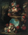 Roses, carnations and narcissi in a glass bowl on a stone ledge - (after) Gasparo Lopez