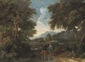 A wooded landscape with classical figures by a river - (after) Gaspard Dughet